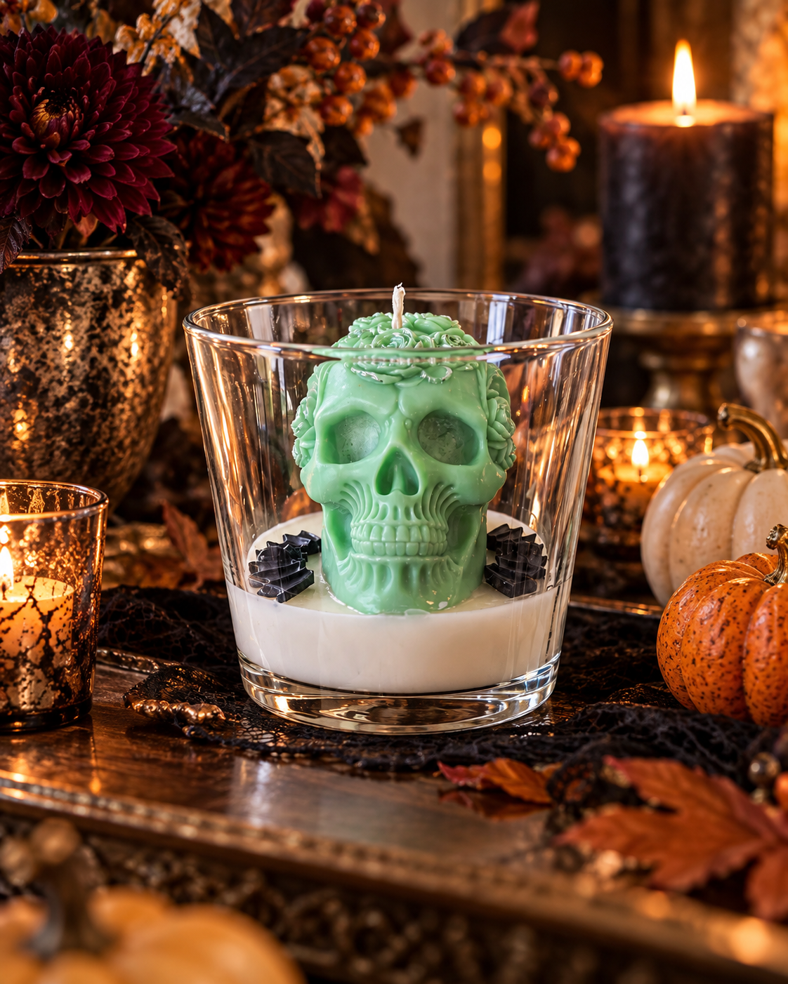 Świeca halloween czaszka zielona