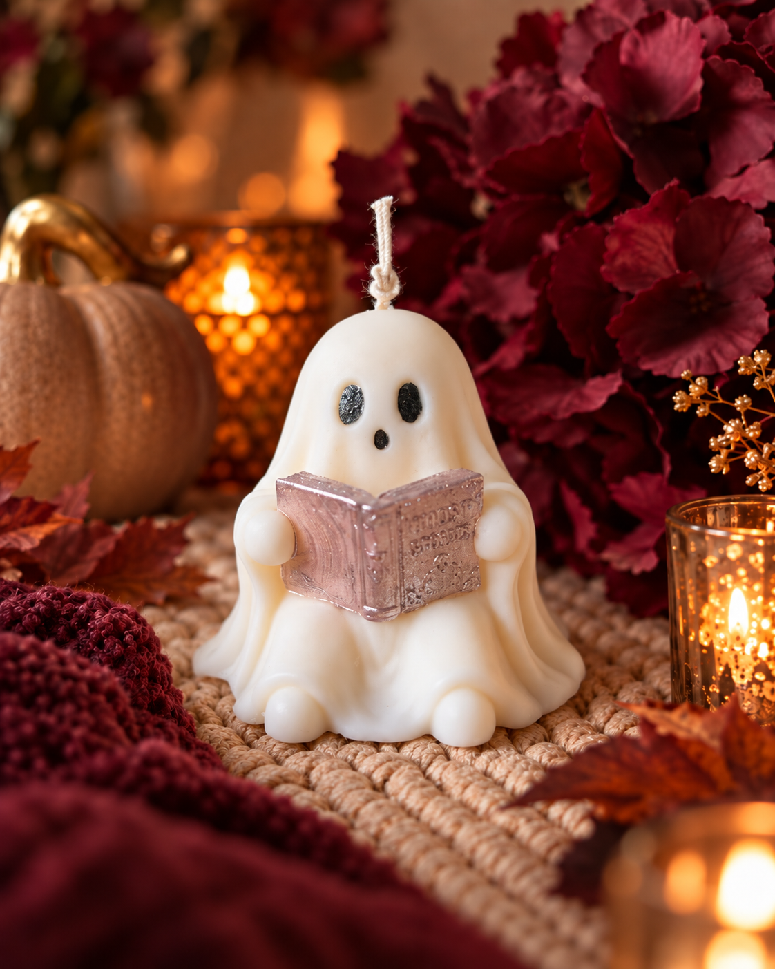 Świeca sojowa duszek z księgą halloween